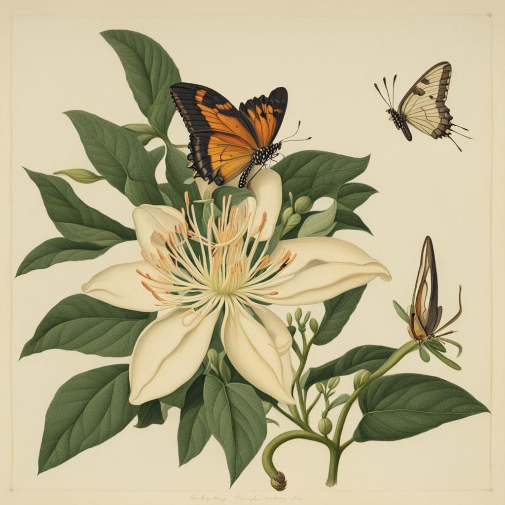 Honeysuckle Flower with Butterfly and Crescent Moon