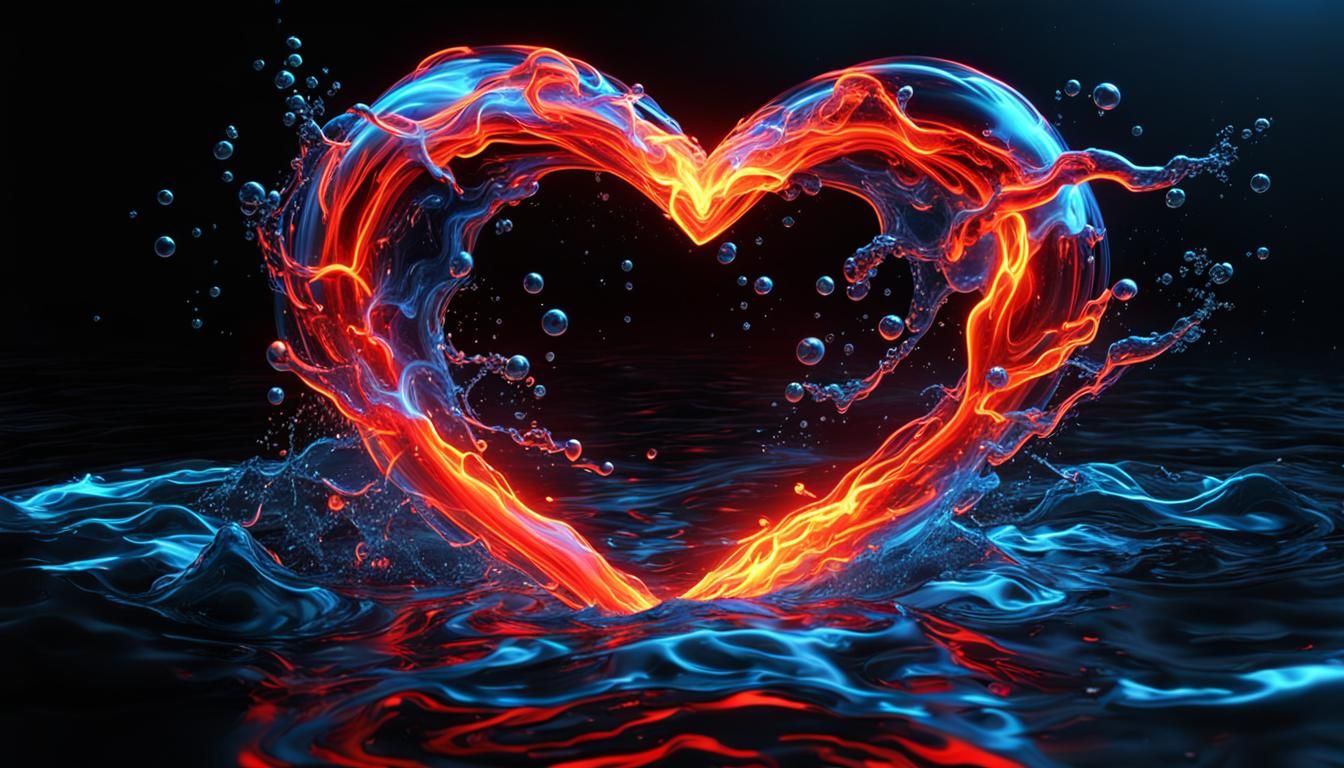 Neon Heart: Blue and Red Fire Water Flow