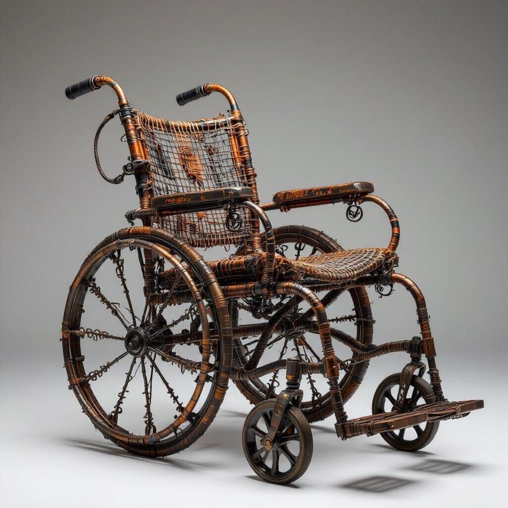 Intricate Wire Wheelchair with Industrial Textures