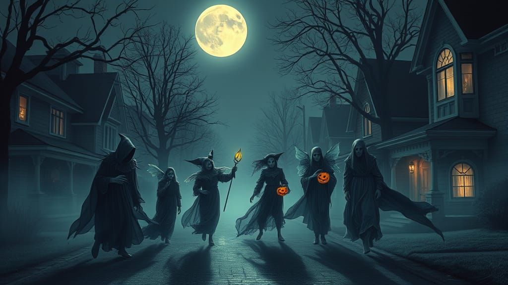 Ethereal Trick-or-Treaters in Dark Fantasy Art Nouveau Style