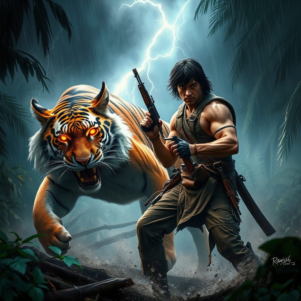 Rambo Battles Bengal Tiger in Turbulent Jungle
