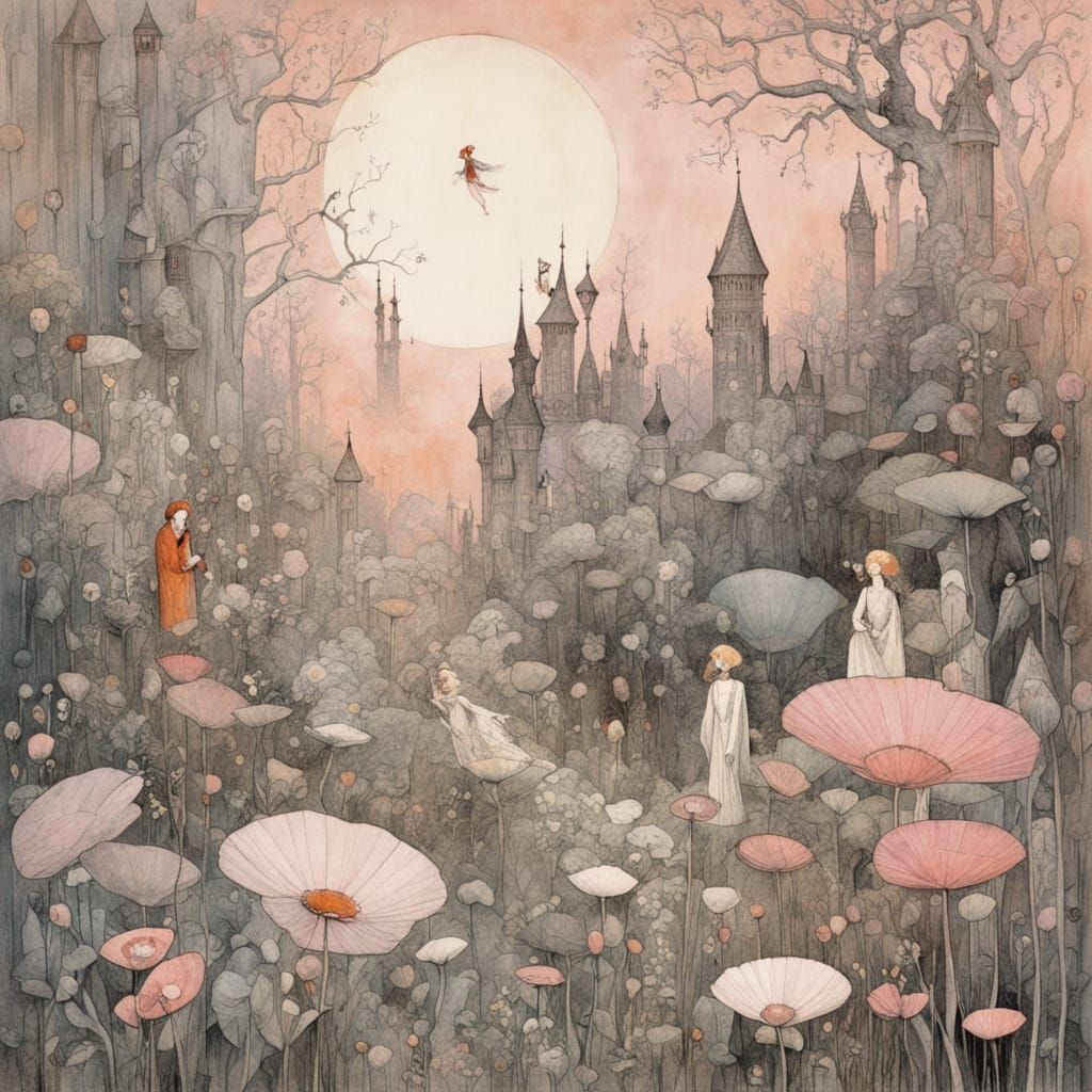 A whimsical garden filled with colorful flowers and playful fairies