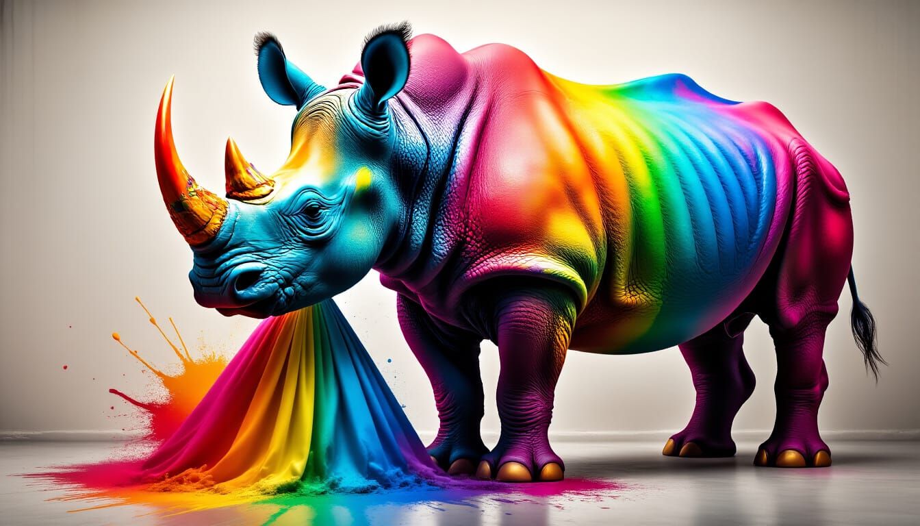 Rainbow Rhino Woman Splattering Paint, Surreal Art