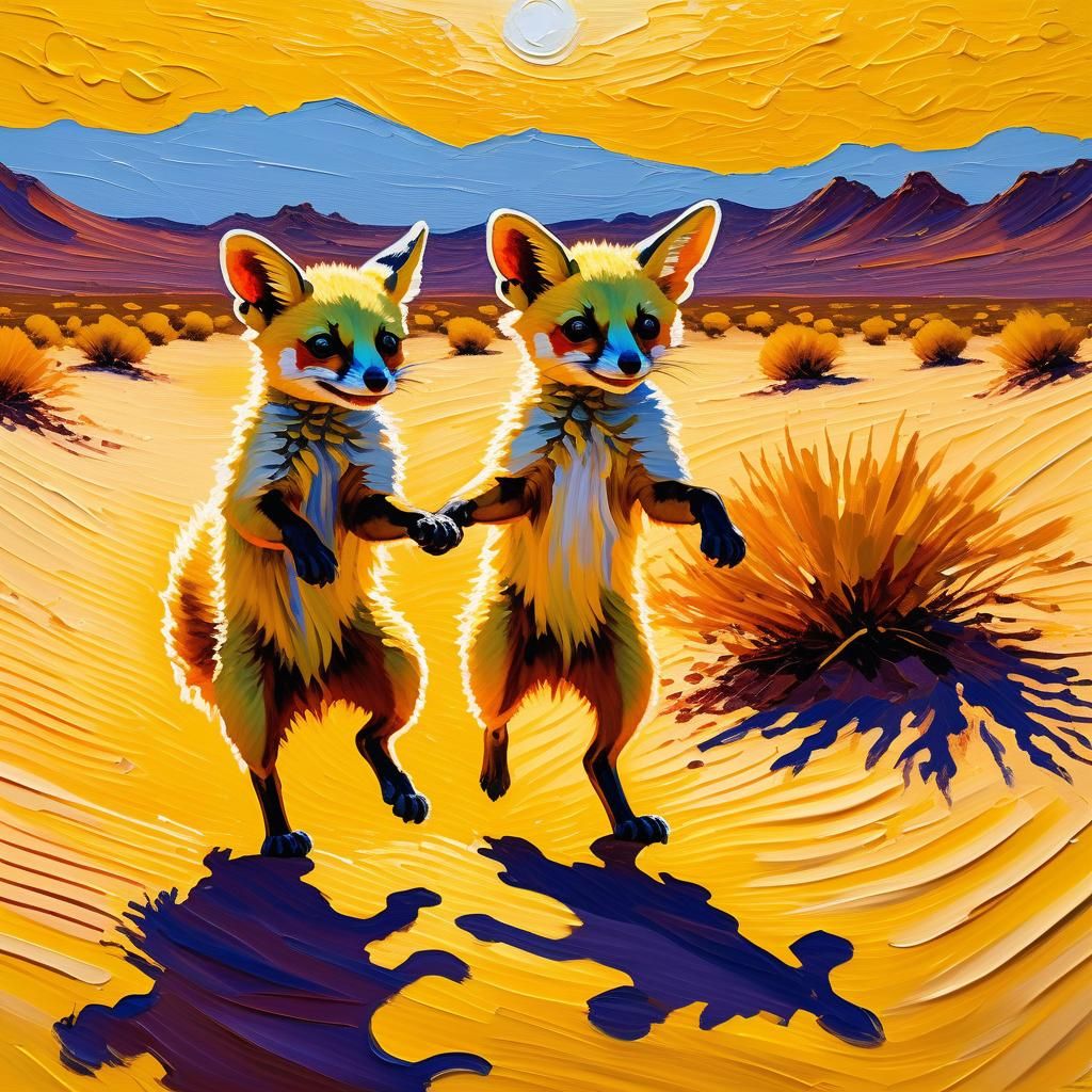 Fennec Foxes Playing: An Expressionist Oil Painting