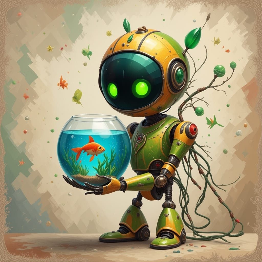 Cute Robot Holding Fishbowl