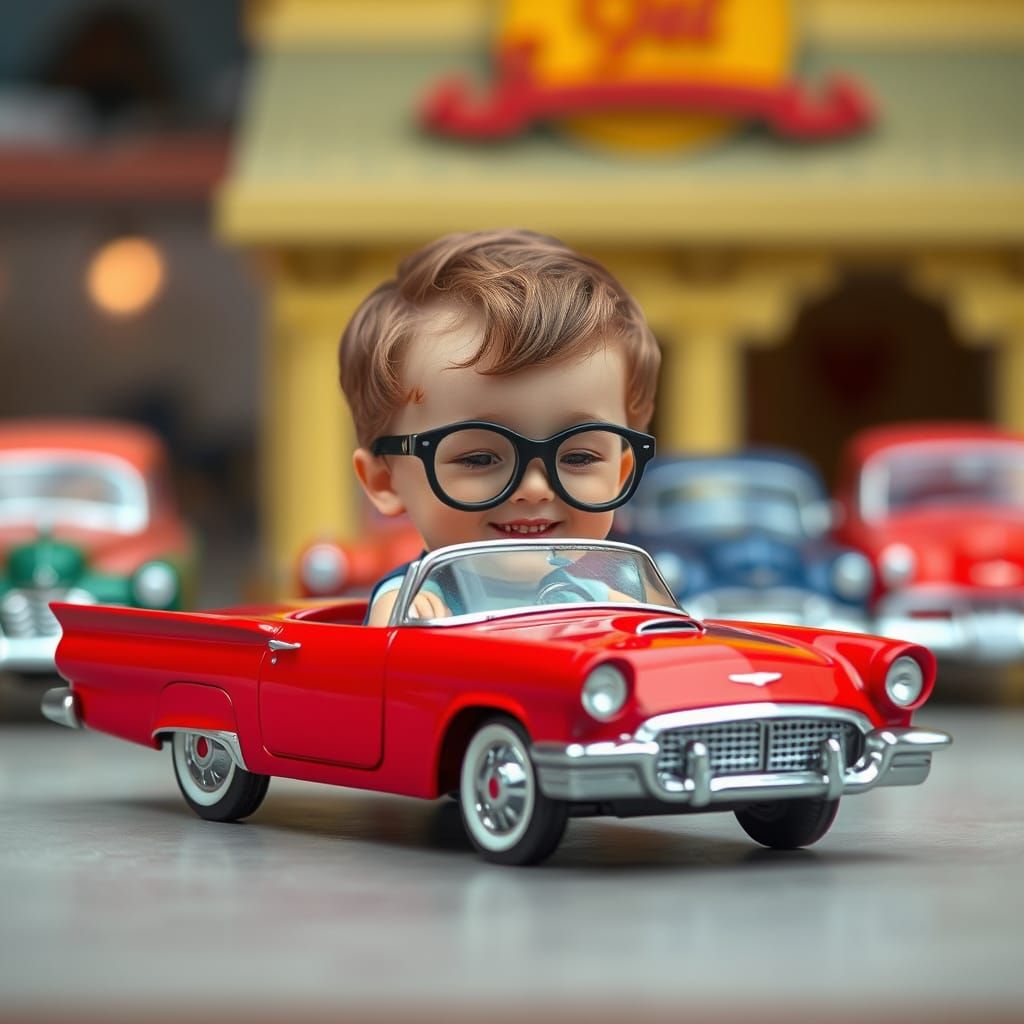Child Drives Miniature Thunderbird in Nostalgic Toy World