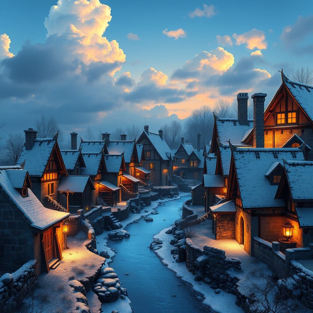 Medieval Village Under Golden Snowfall