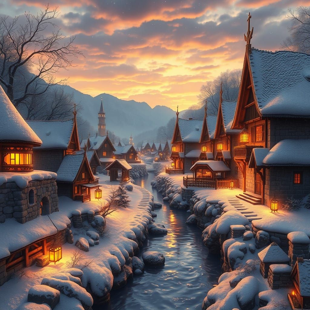 Medieval Village in Warm Golden Light