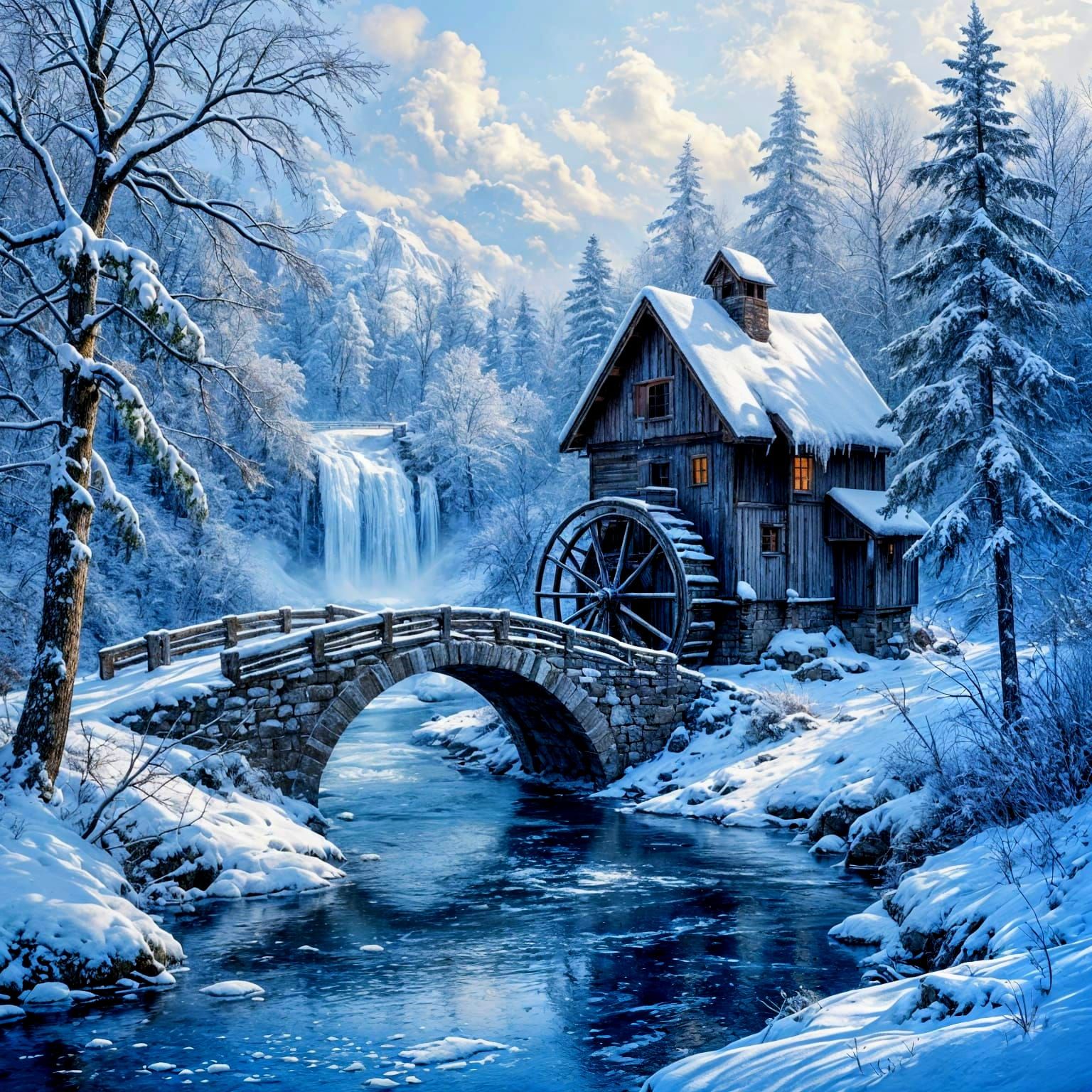 Fantasy Winter Landscape: Frozen River Under Snow-Covered Br...