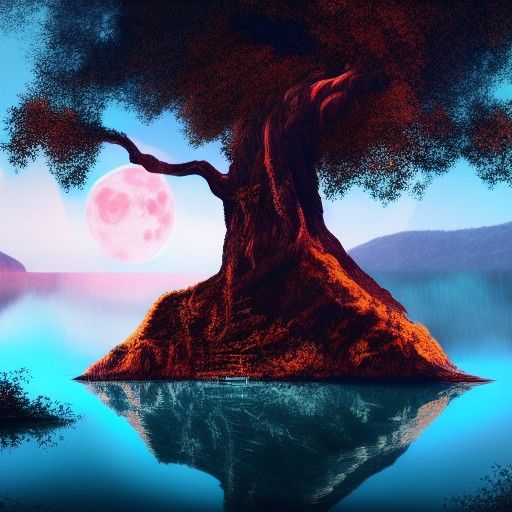 Tree on Rock in Lake Under Red Moon