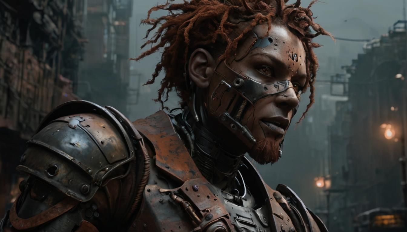 Corroded Cyborg in Dystopian City: Photorealistic 8K