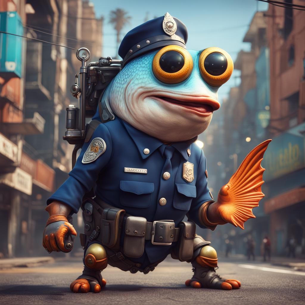 Anthropomorphic Fish Police in Tijuana: Detailed Matte Paint...