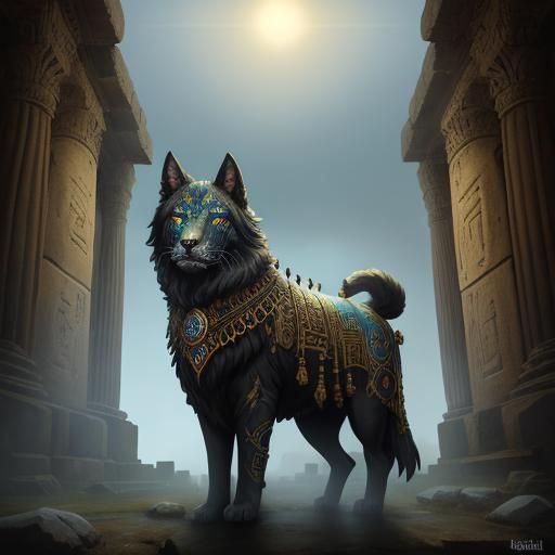 Mystical Dog in Ancient Temple Ruins