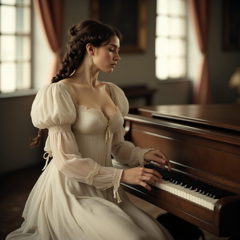 Regency Lady at Piano in Bright Music Room