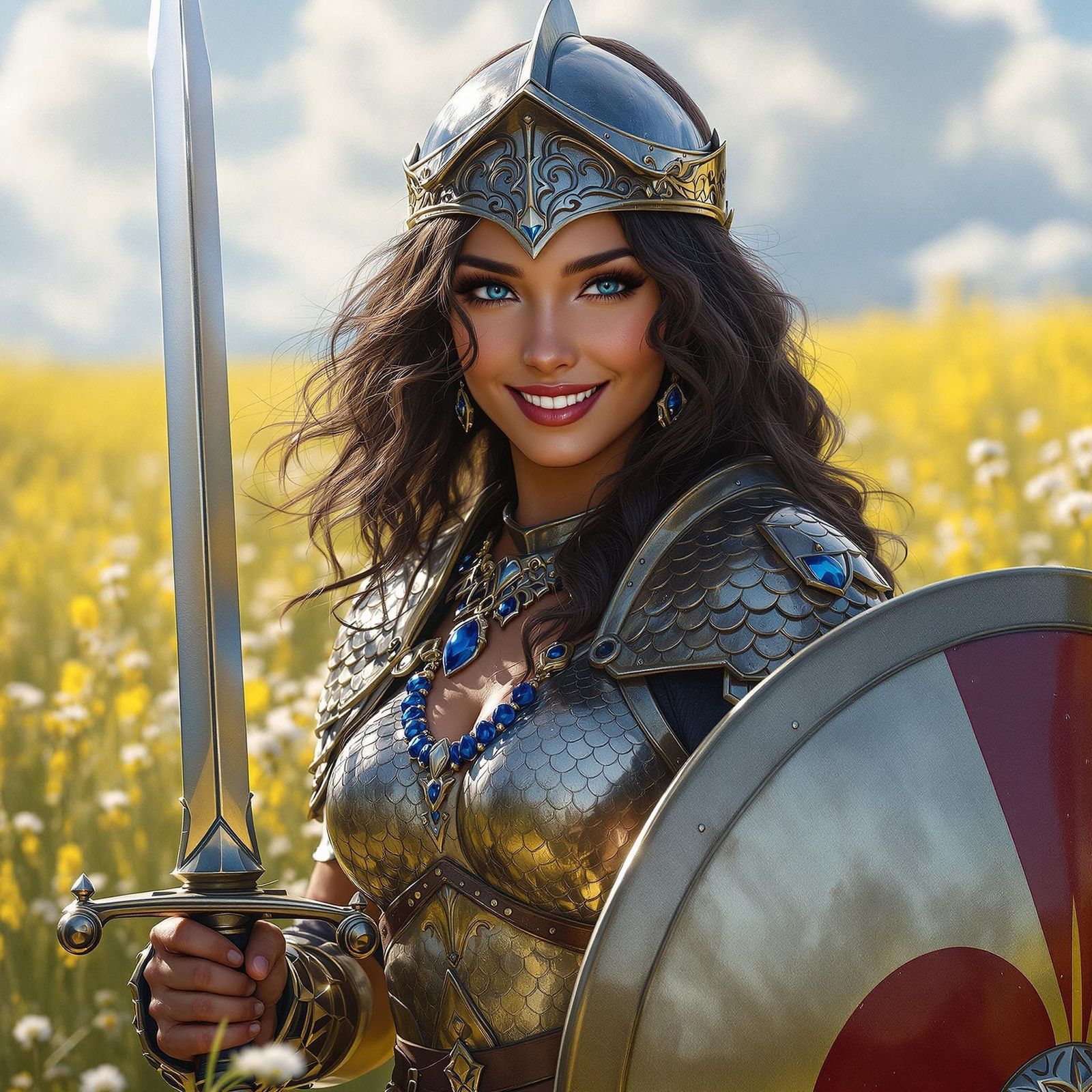 Warrior Woman with Sword and Shield in Hyperreal Style