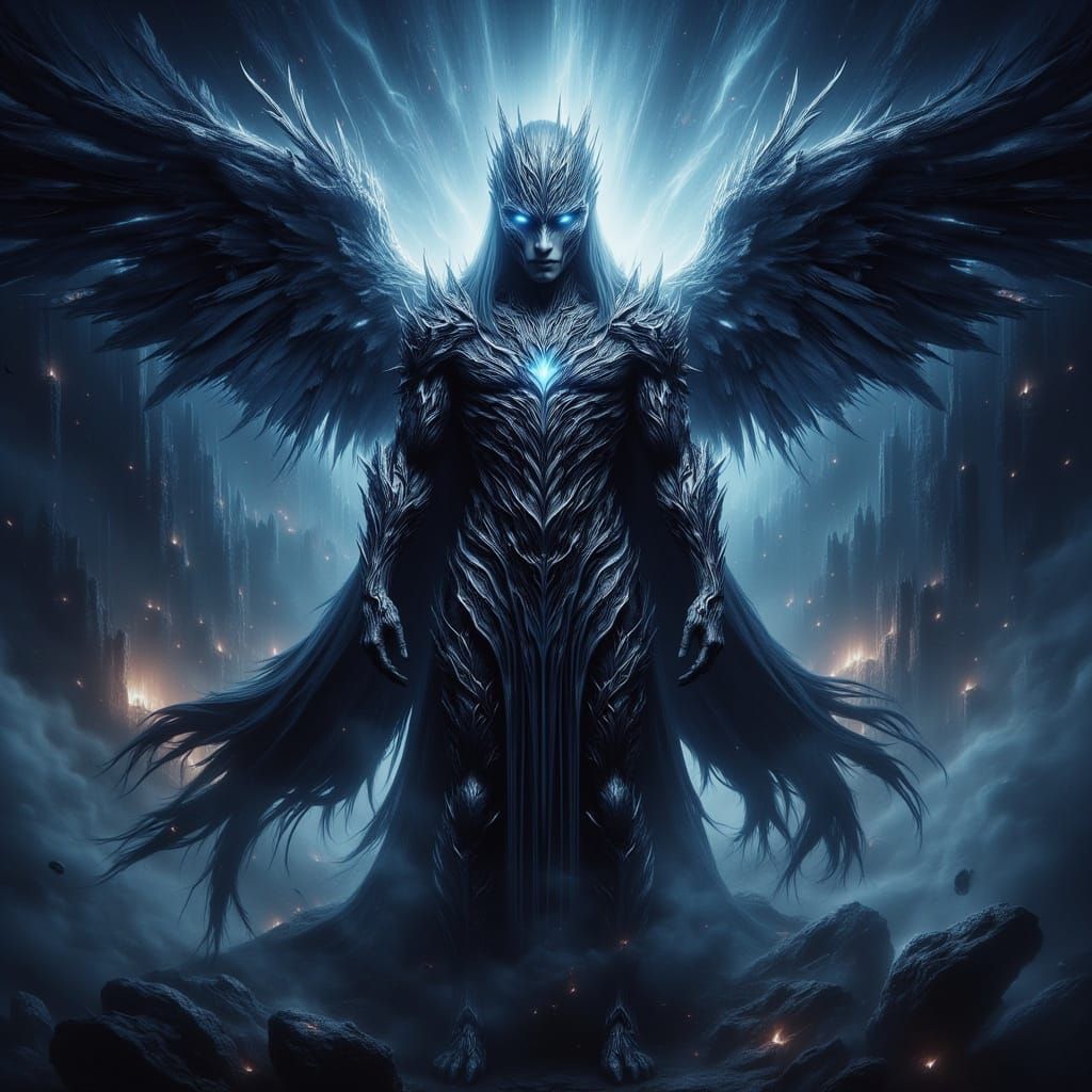 Fallen Angel in Dark Armor Against Void