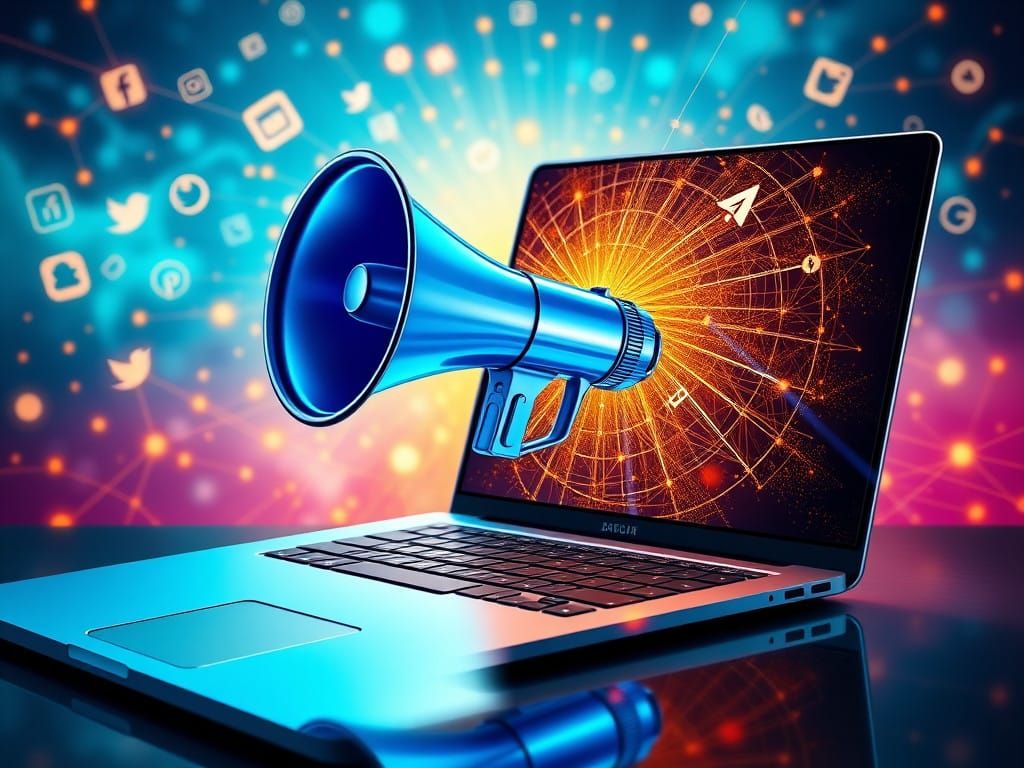 Digital Marketing Concept Art: Blue Megaphone Erupts from La...