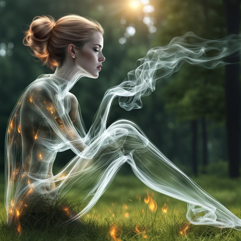 Beautiful Fire Woman Sitting in Grass, 3D Render