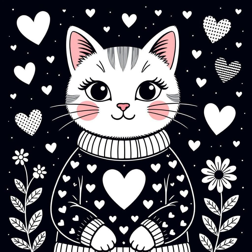 Black and White Cat Coloring Sheet with Hearts