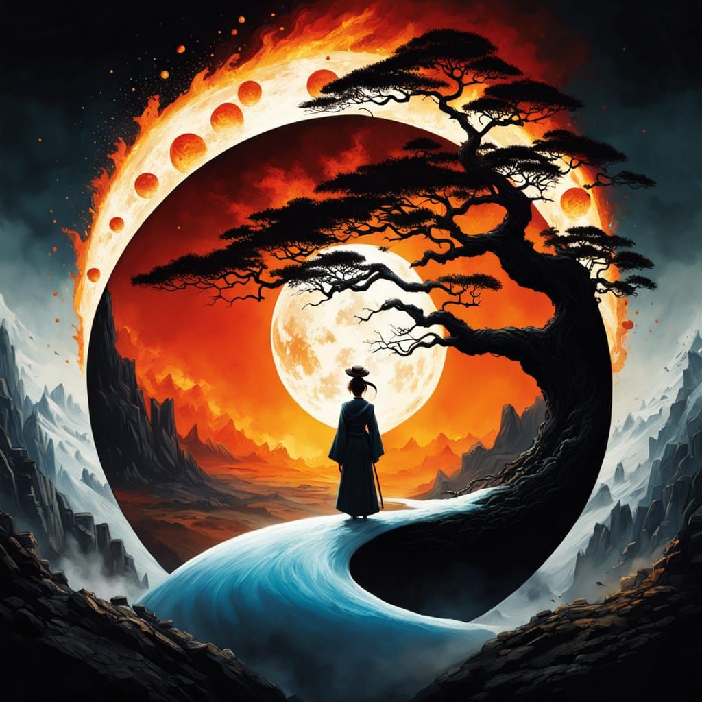 Fantastical Yin Yang With Geisha Double Exposure