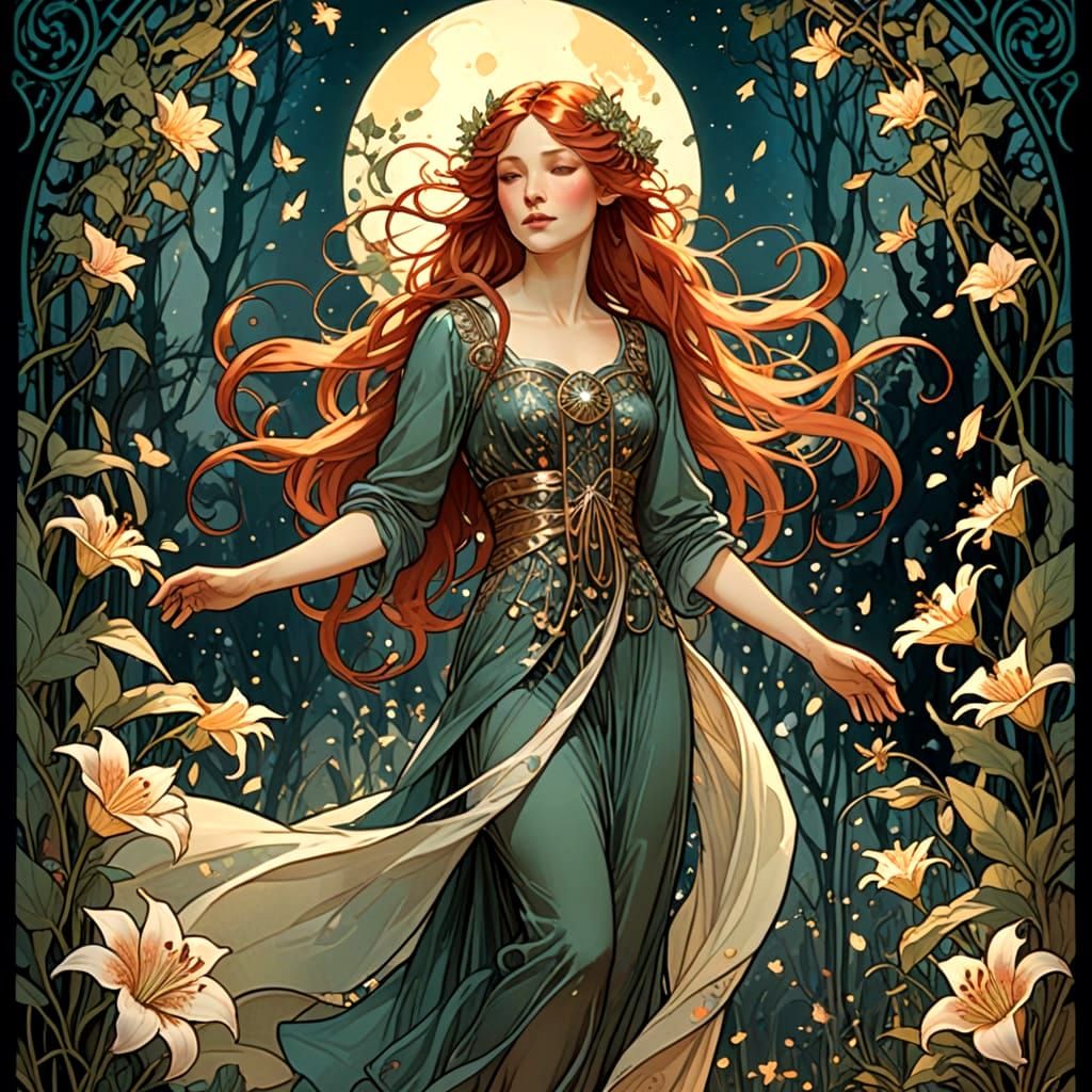 Art Nouveau Woman Dancing in Moonlit Garden with Fireflies