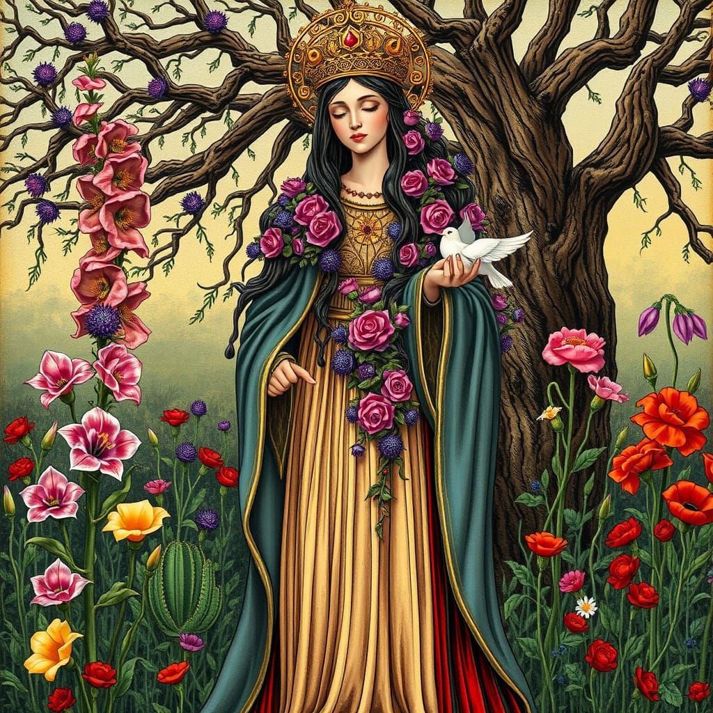 Medieval Virgin Mary in Whimsical Garden with Wire Bird Cage...