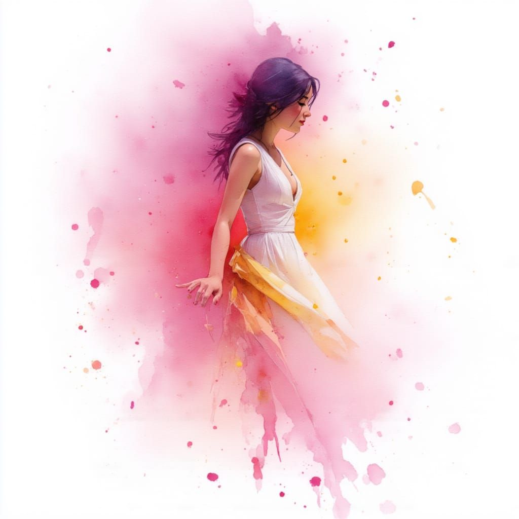 Bohemian Dancer in Pink and Gold Watercolor Mist