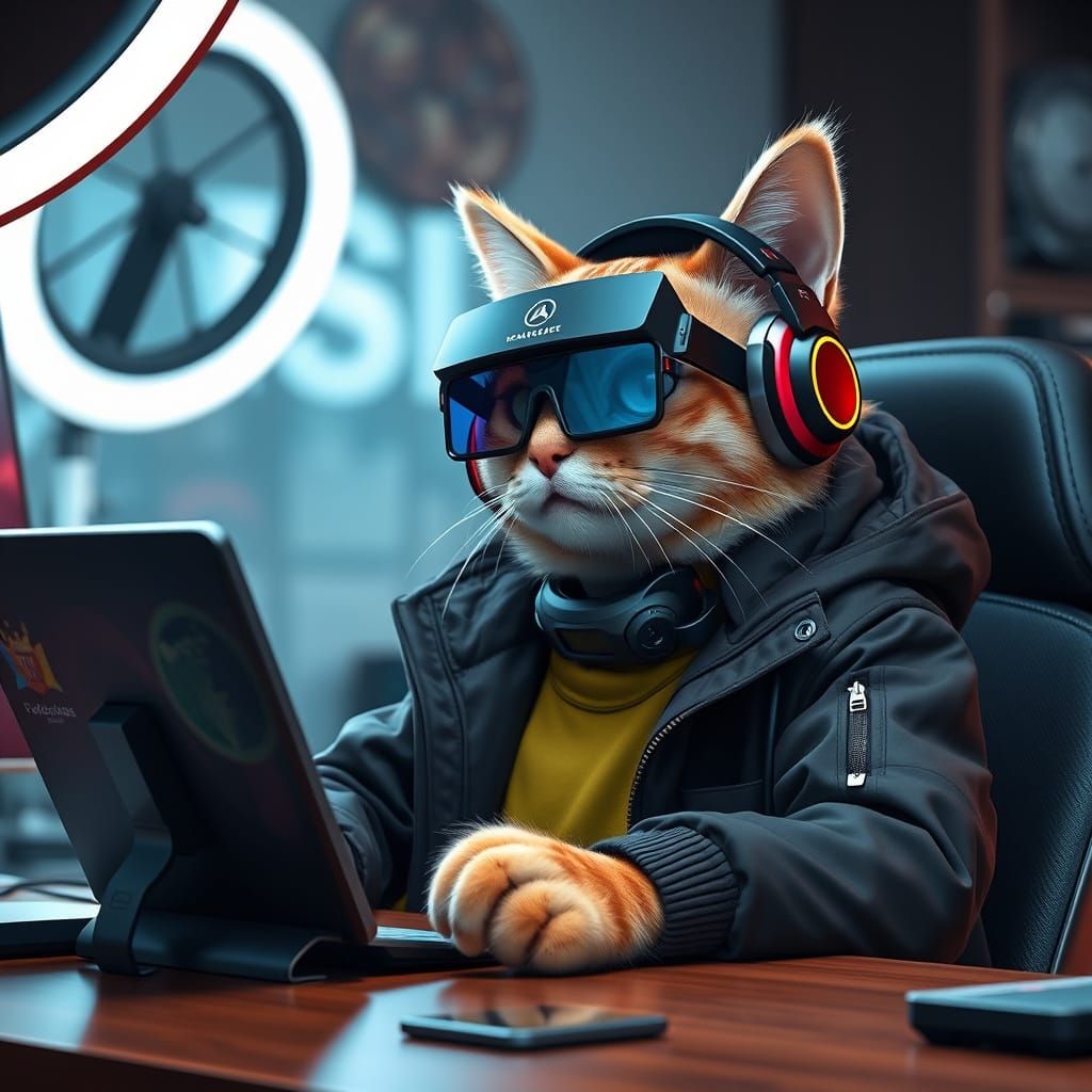 Tech Savvy Cat Streamer in Detailed Matte Painting Style