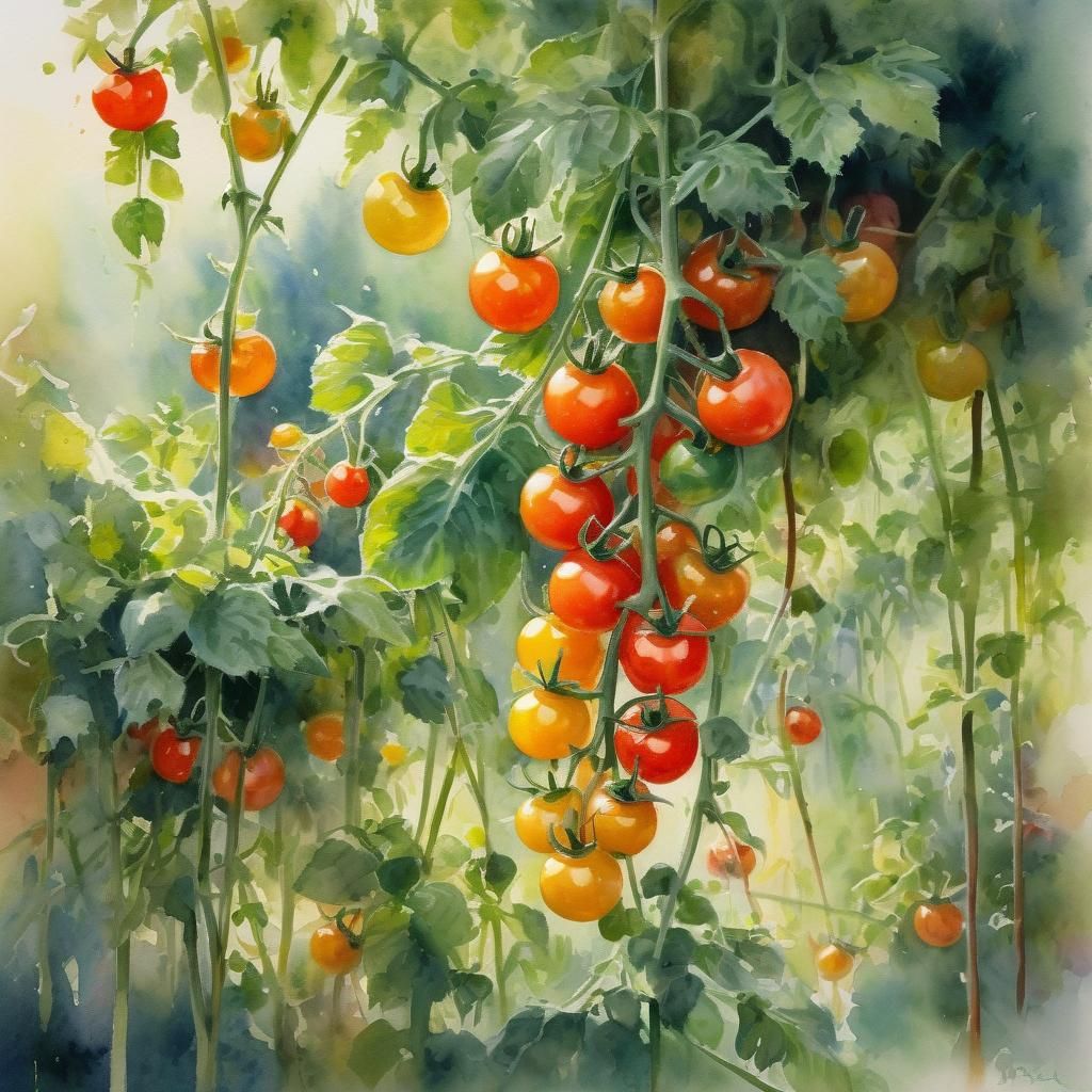 Impressionist Watercolor of Cherry Tomatoes on Vine