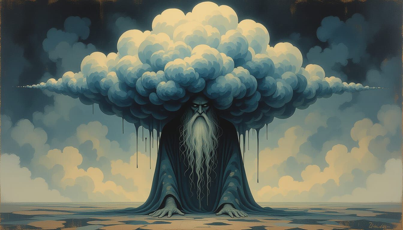 Melancholic Raincloud Shaman in Oil Paint Style