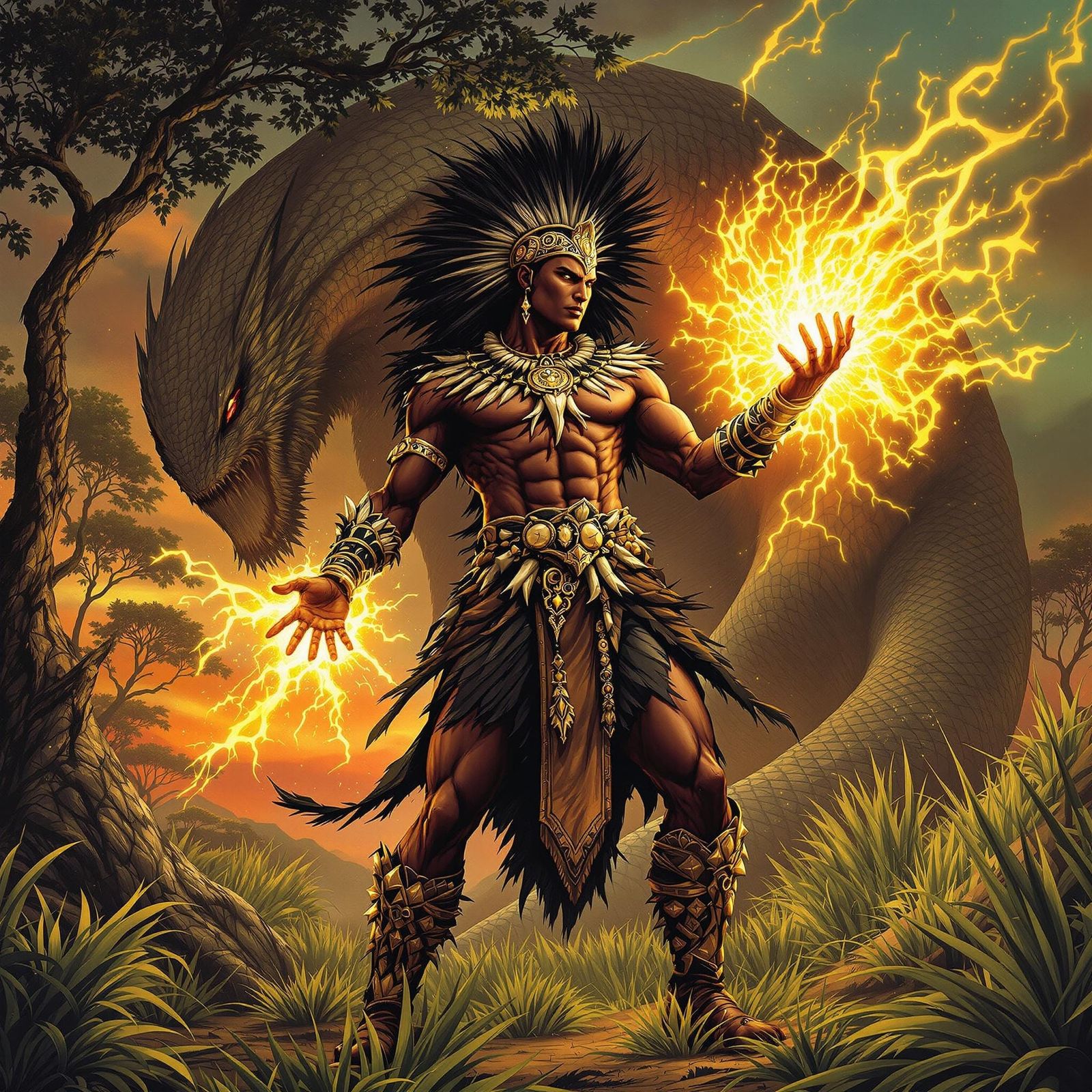 African Warrior Summons Magic Against Savannah Monster