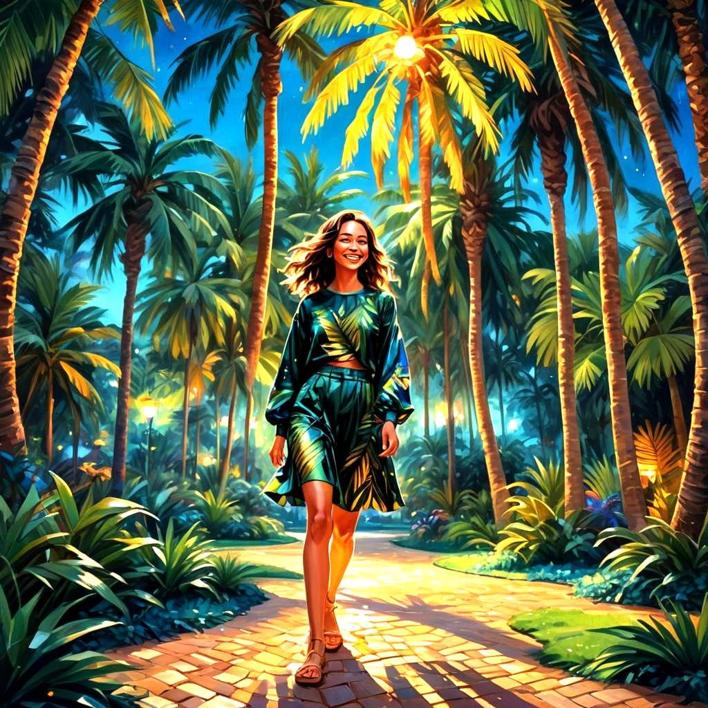 Lush Palm Garden with Stylish Girl: Fantasy Art
