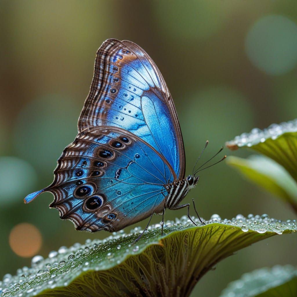 Blue Morpho Butterfly on Glowing Mushroom