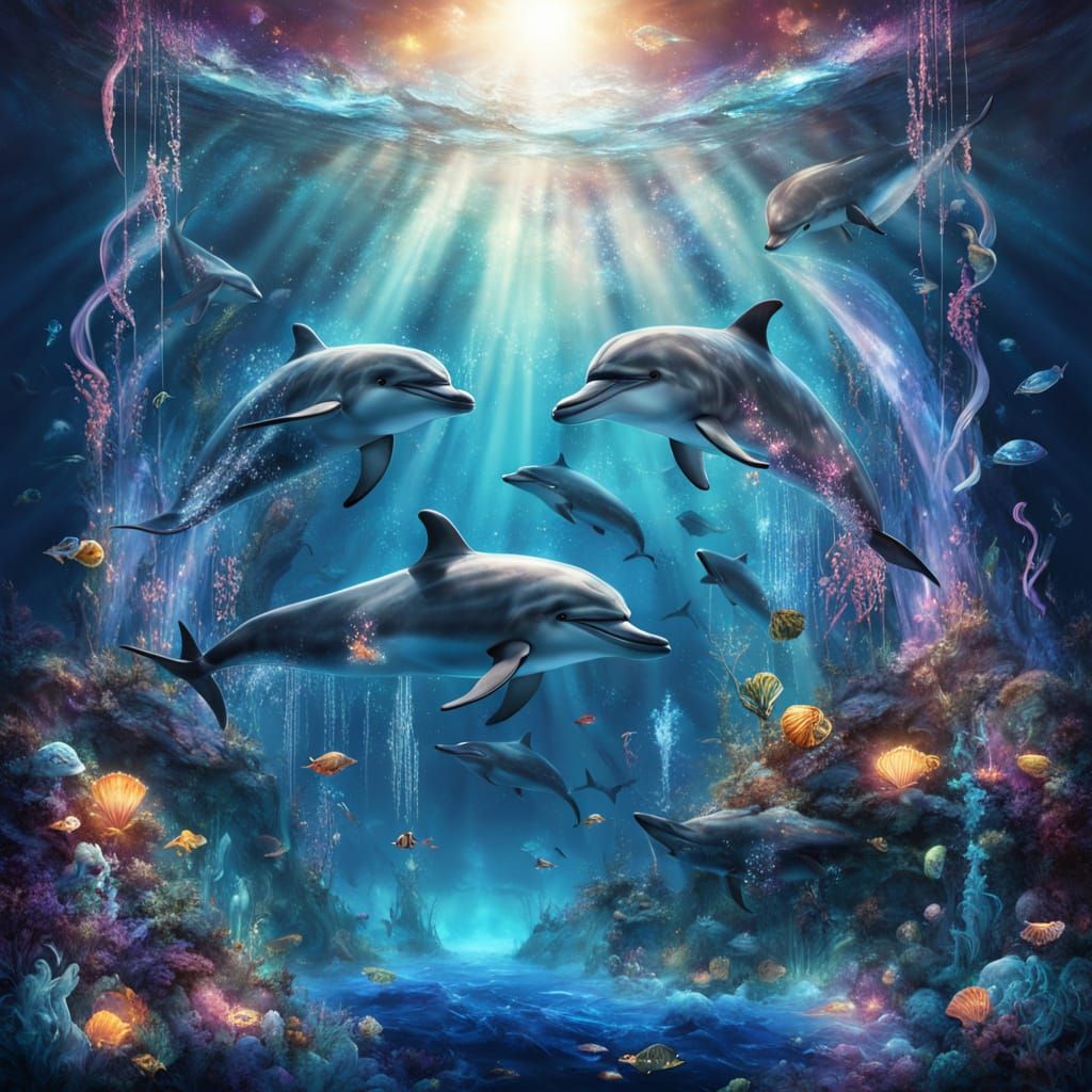 Surreal Aquatic Fantasy Dolphins in Ethereal Paradise