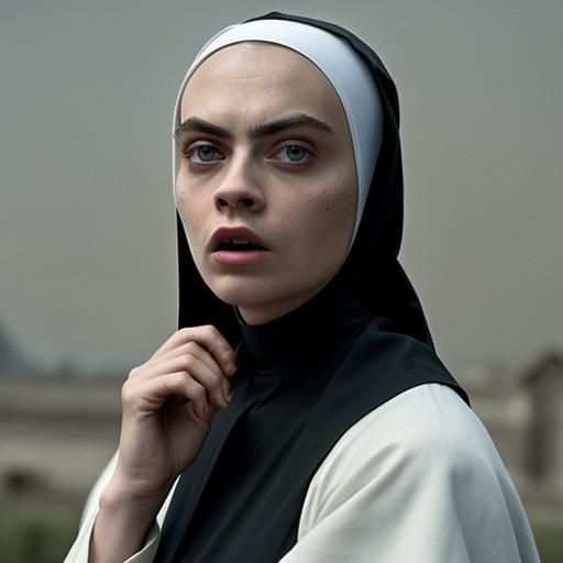 Nun Confronts Zombie Ghost, Cubist Oil Painting