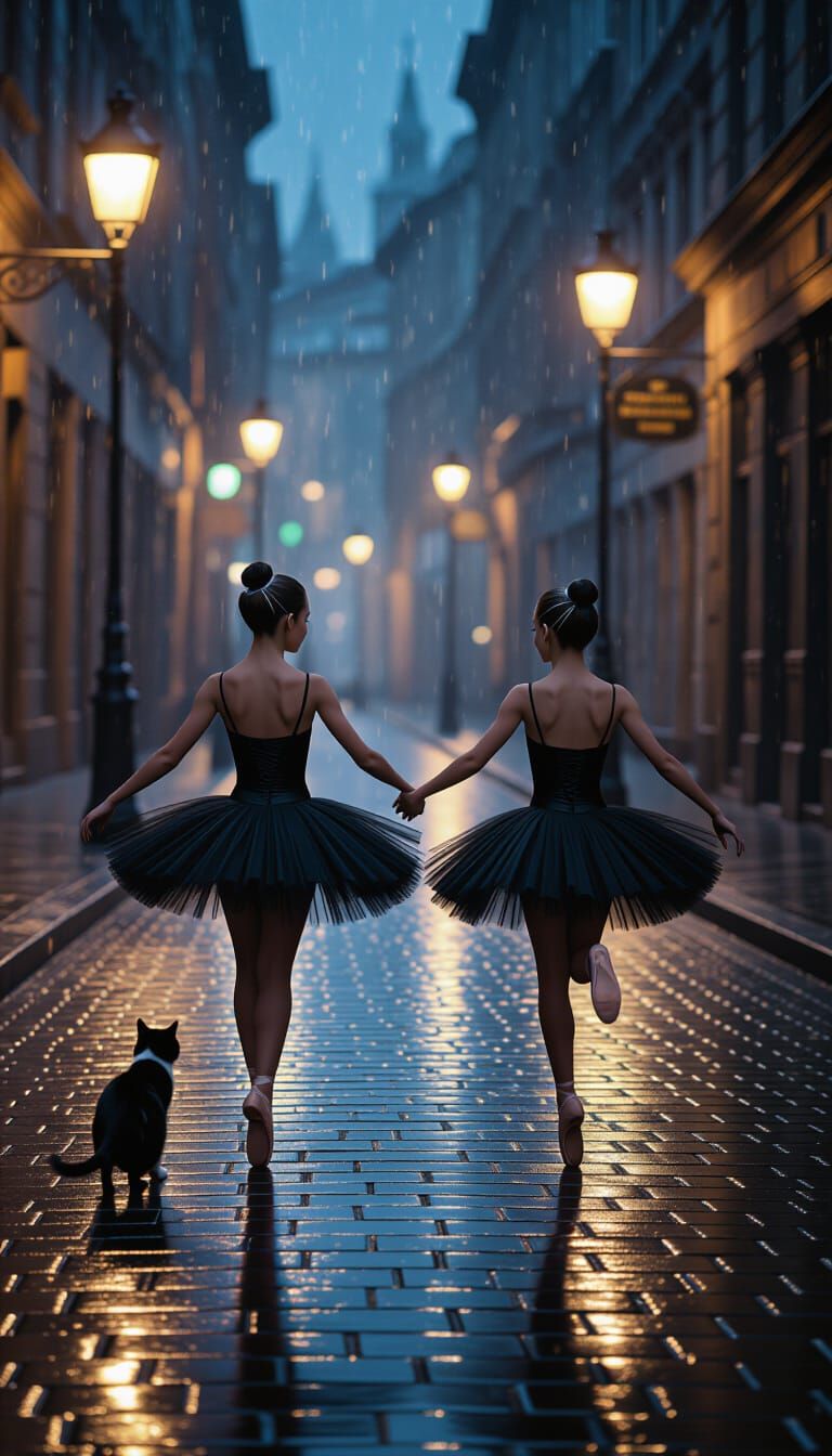 Cappuccino Ballerina and Cat Running in Rain