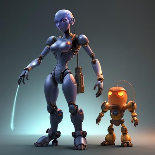Robot with Flamethrower in Pixar-style 3D Art