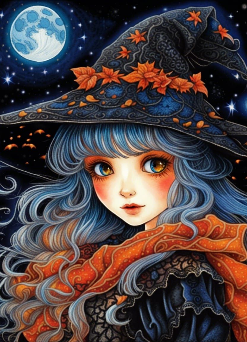 Kawaii Anime Witch Under Moonlight