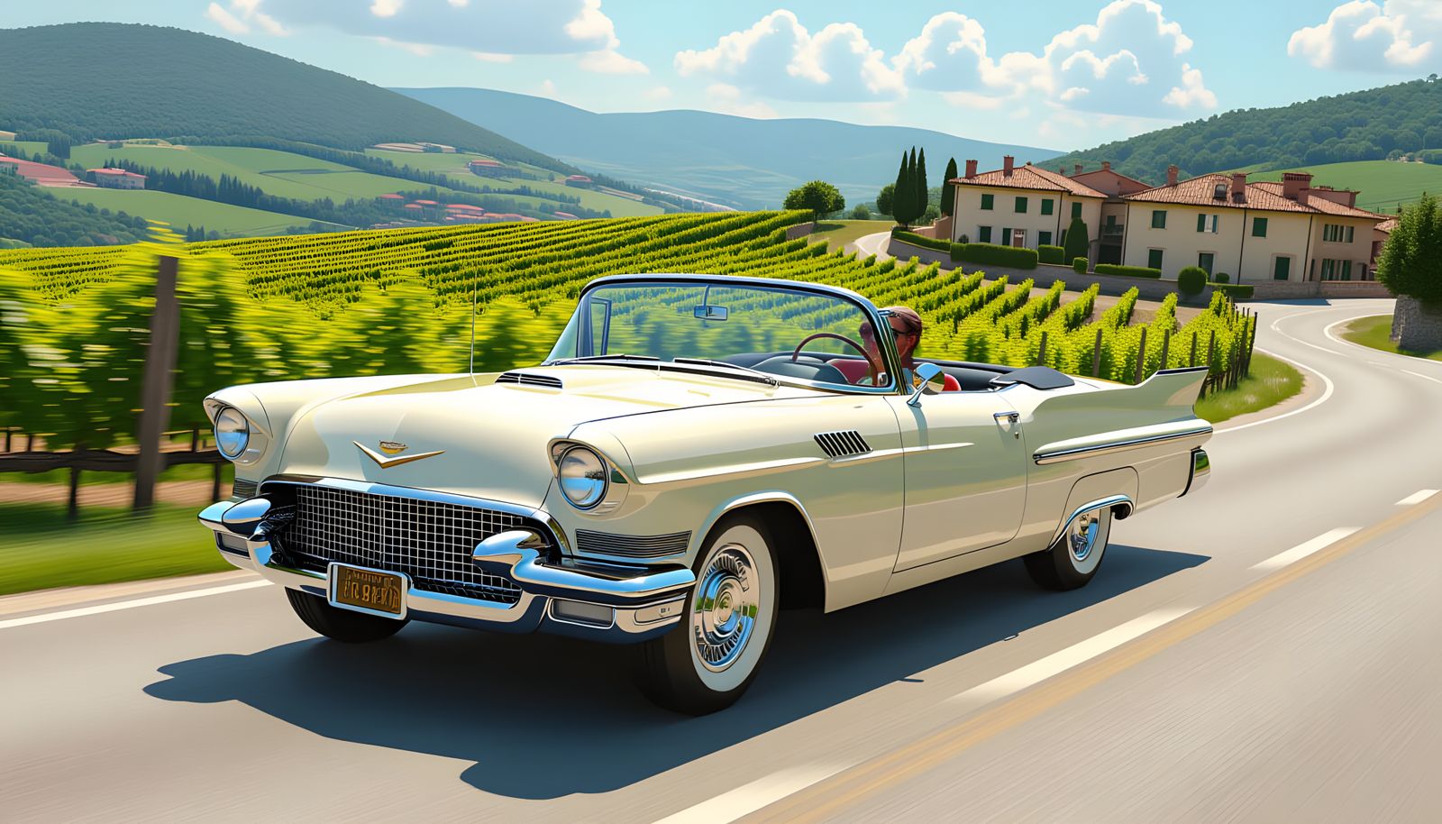 1959 Cream Cadillac Races Through Sicilian Countryside