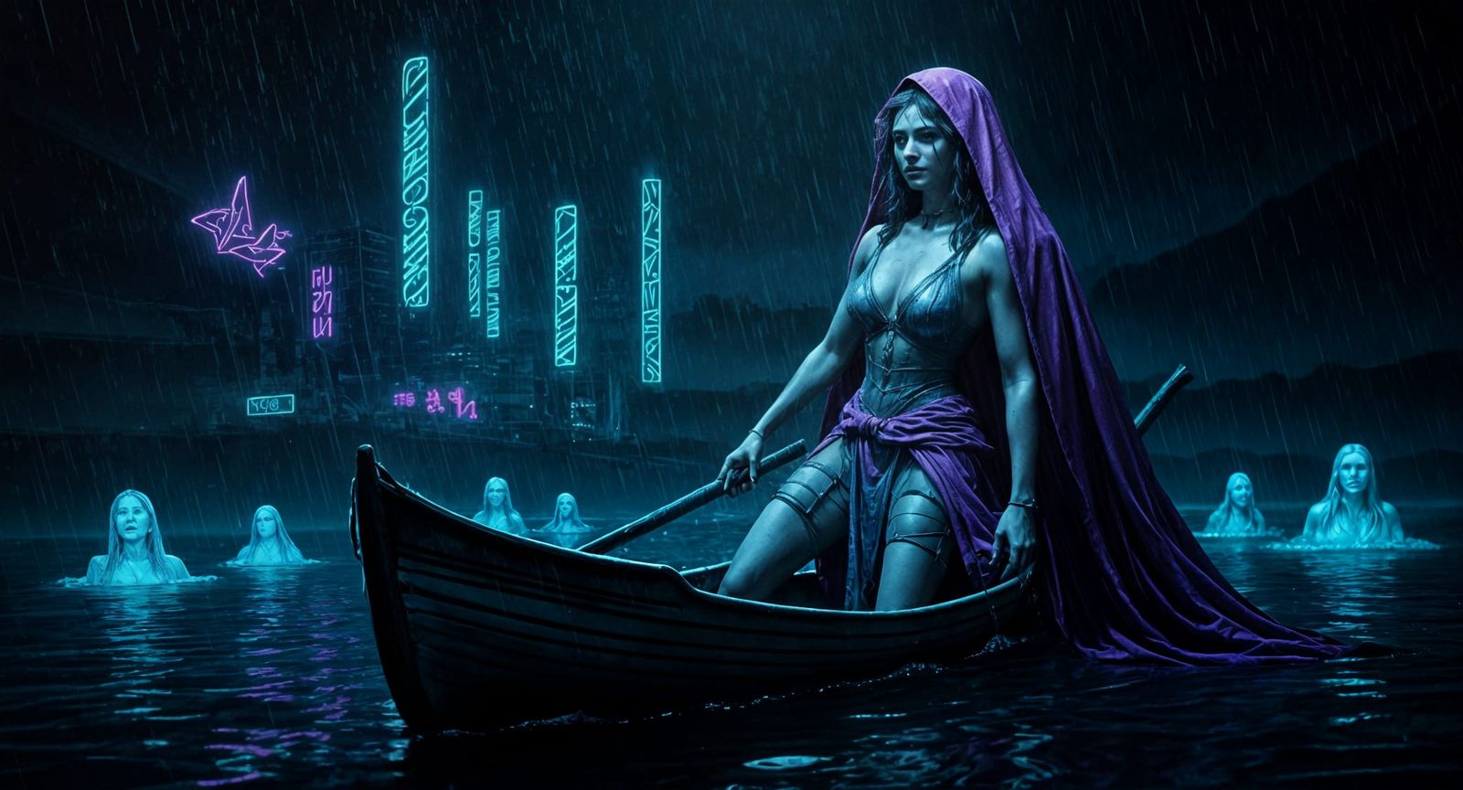 Warrior Queen on Neon River in Cyberpunk Cityscape