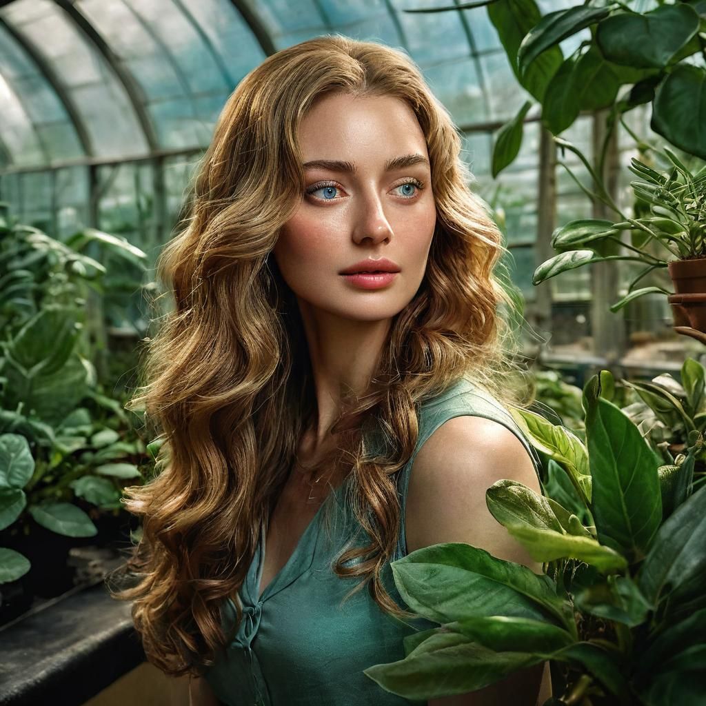 Botanist Portrait in Lush Greenhouse: Photorealistic Detail