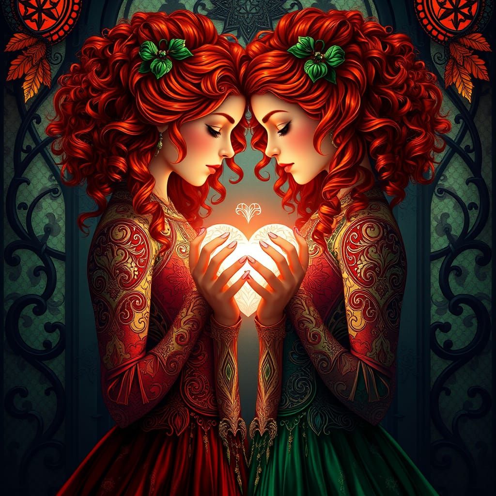 Sisters of the Heart: Twin Goddesses in Crimson and Emerald