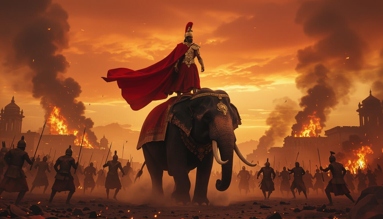 Epic Battlefield Scene with King on War Elephant