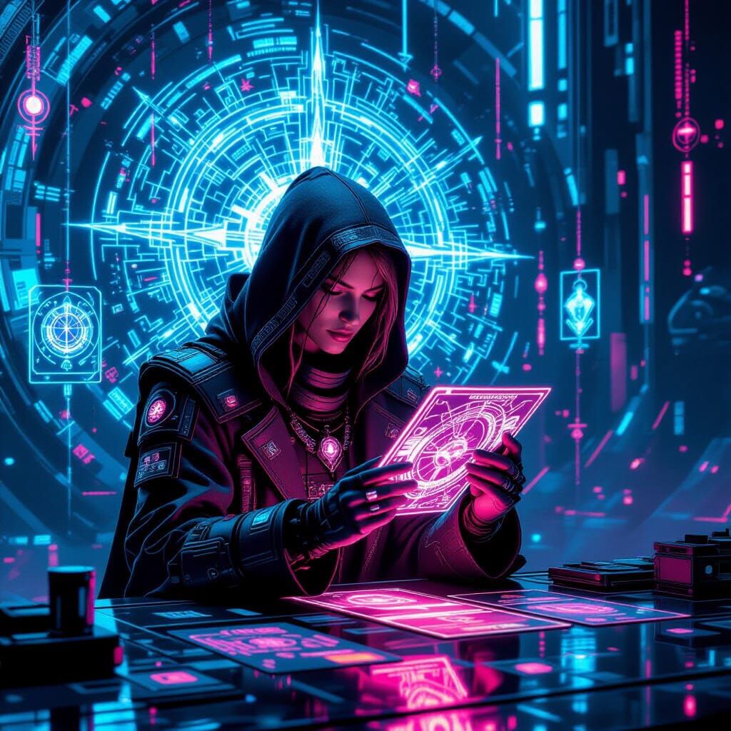 Cyberpunk Tarot Reader in Neon-Lit Future