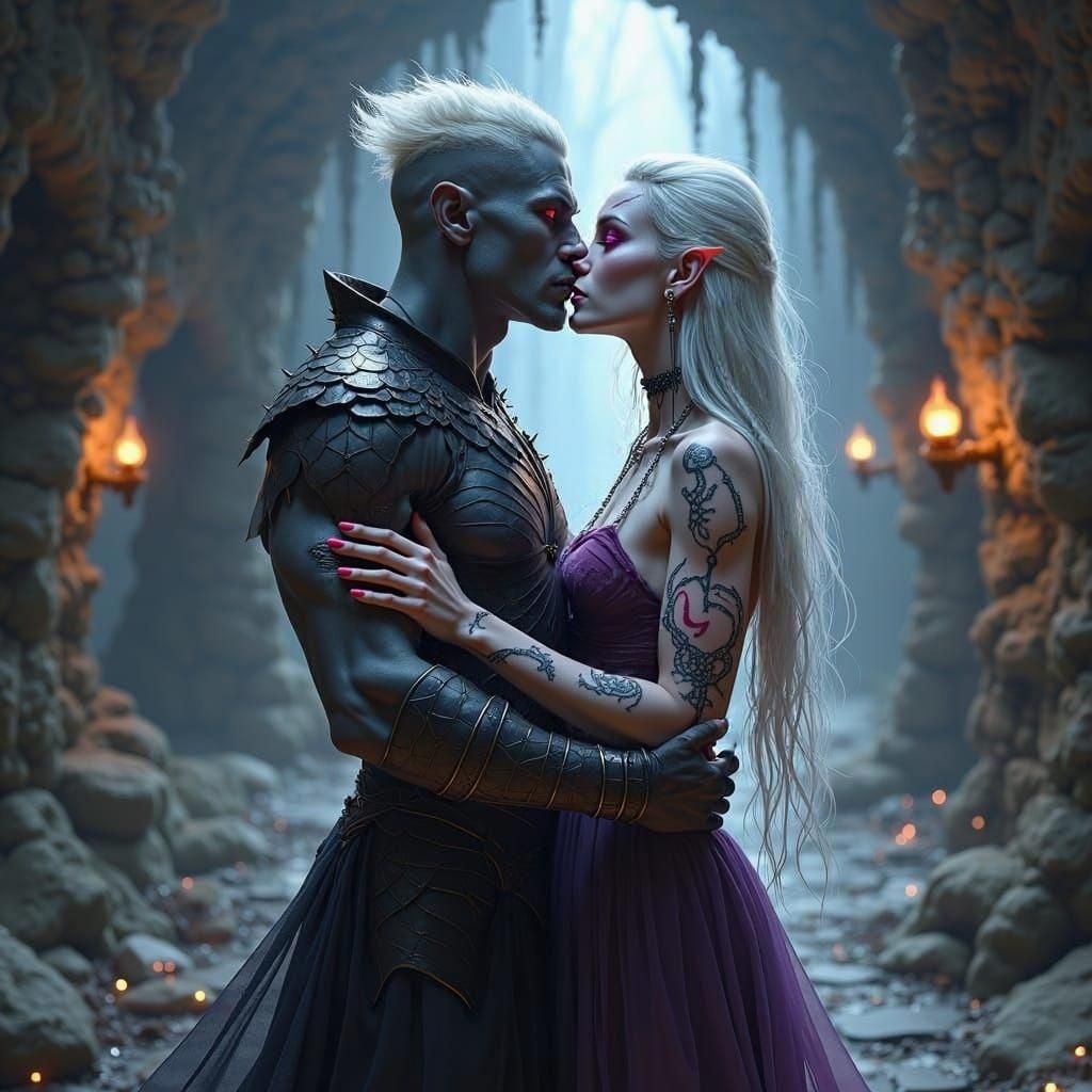 Drow Elf Couple Kiss in Gothic Fantasy Art
