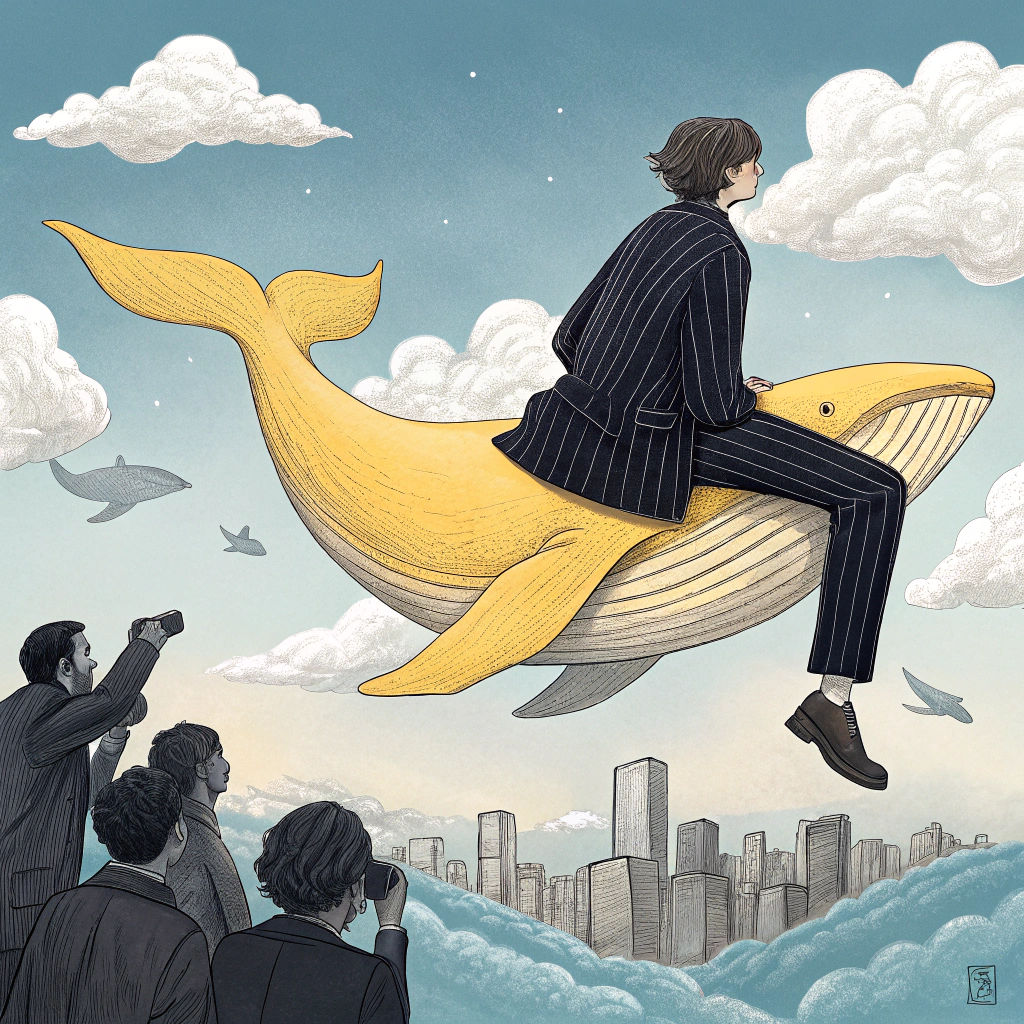 Man in Suit Rides Flying Whale