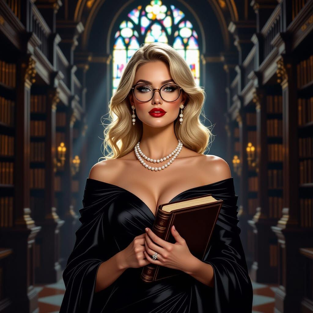 Elegant Blonde Woman in Ornate Library Oil Painting