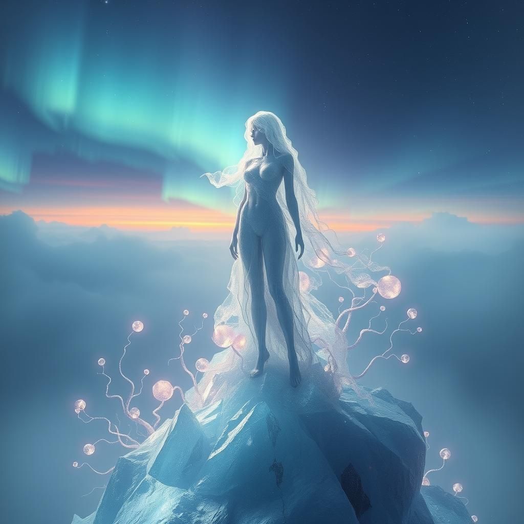 Ethereal Crystalline Figure in a Surreal Landscape