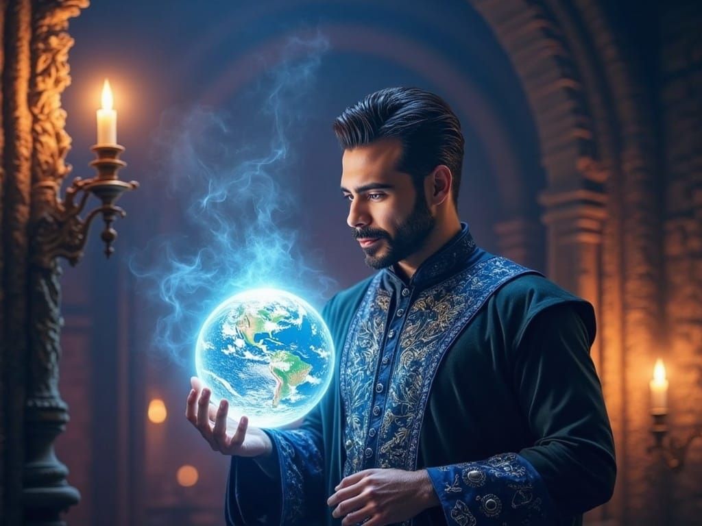Mystical Sorcerer Gazing into Crystal Ball