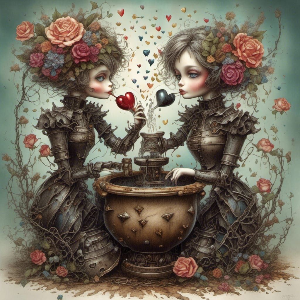 Steampunk Tea Party with Broken Hearts in Watercolor